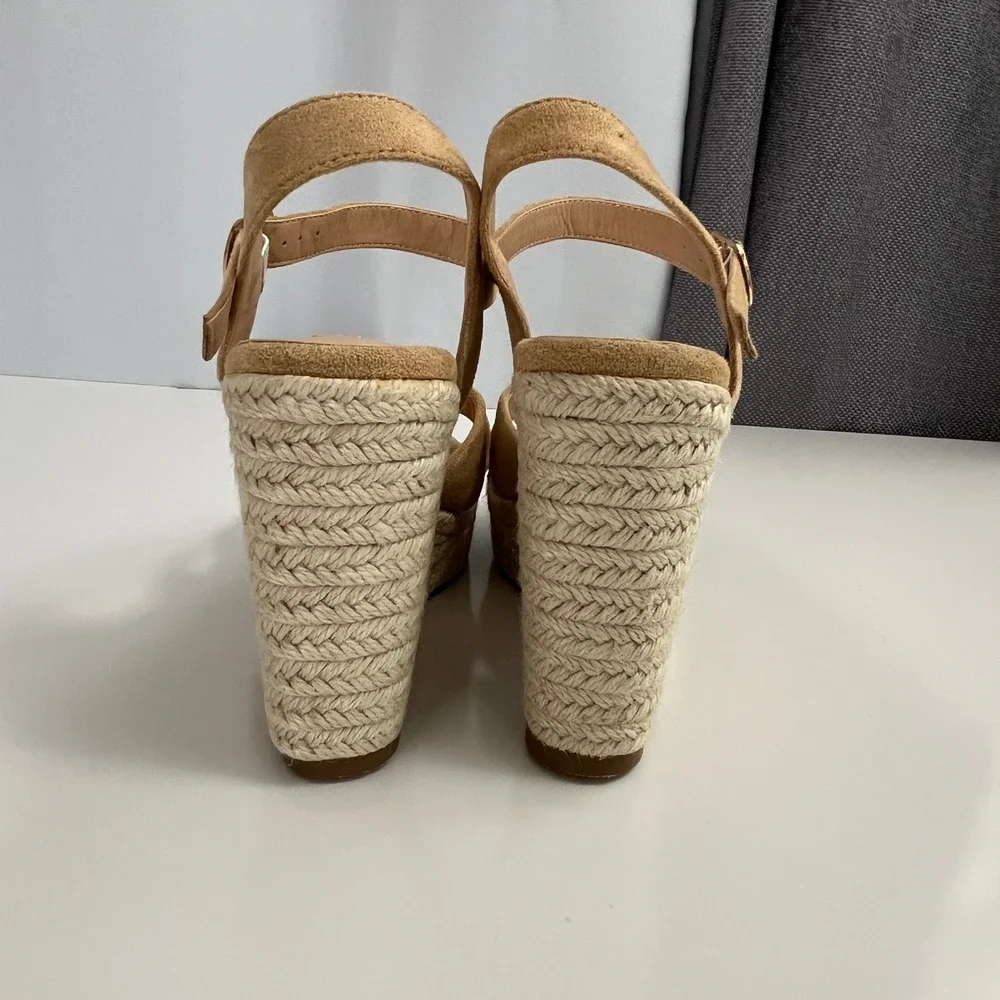 JOY IN LOVE Espadrille Wedge Sandals Women 7 Tan Solid Platform Summer Boho Heel